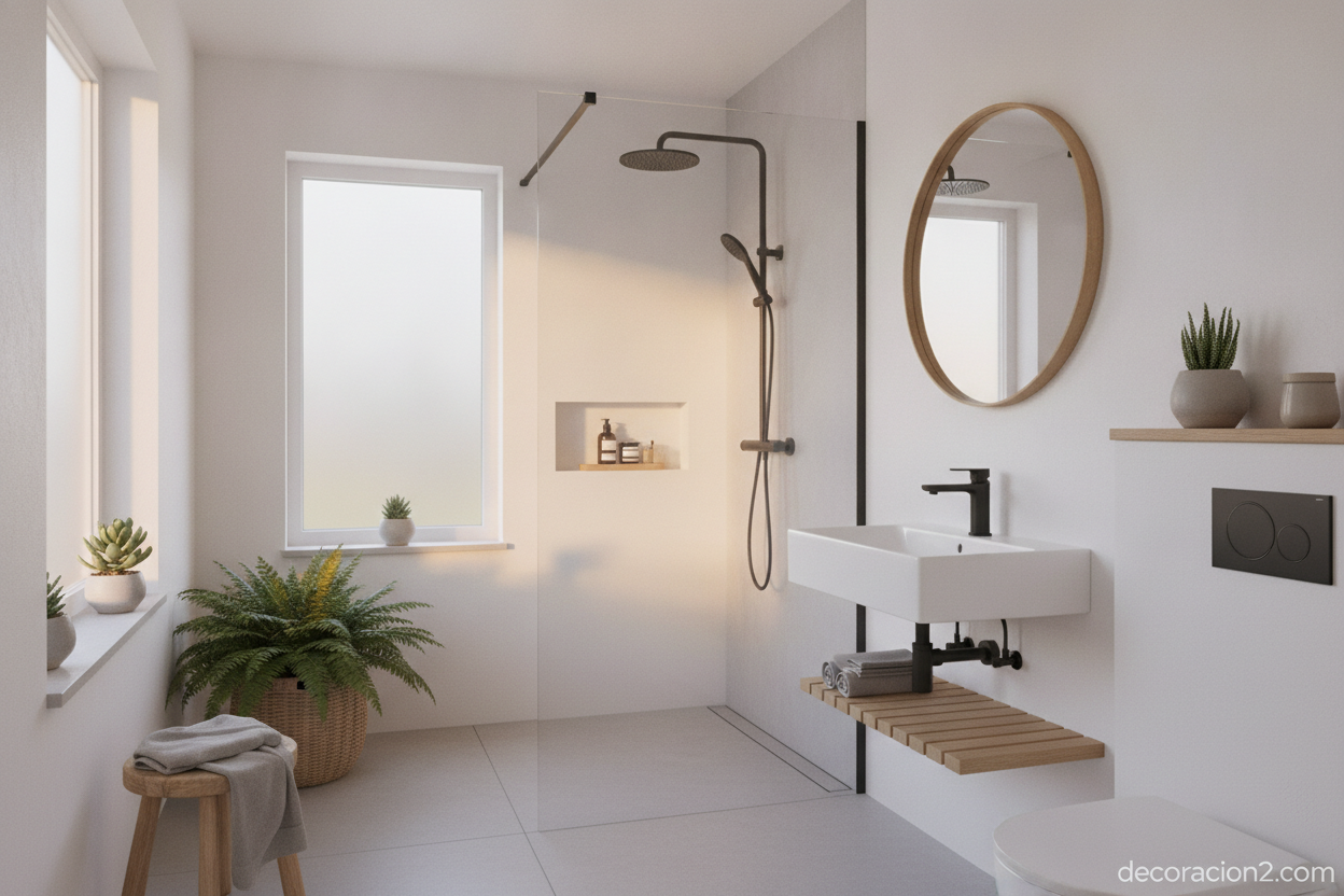 Columna de baño todo en uno: la solución compacta para baños pequeños 2 Baño pequeño de estilo nórdico con soluciones compactas y ducha a ras de suelo