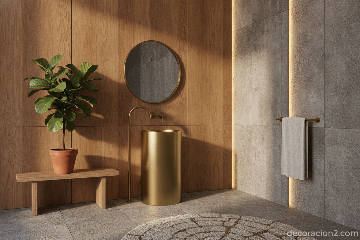 Rincón de baño retro-minimalista con madera, piedra natural y detalles metálicos