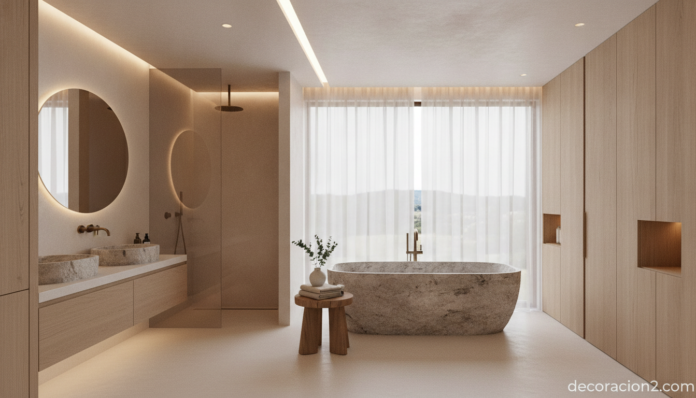 Baño de piedra natural con bañera exenta esculpida en un ambiente de lujo