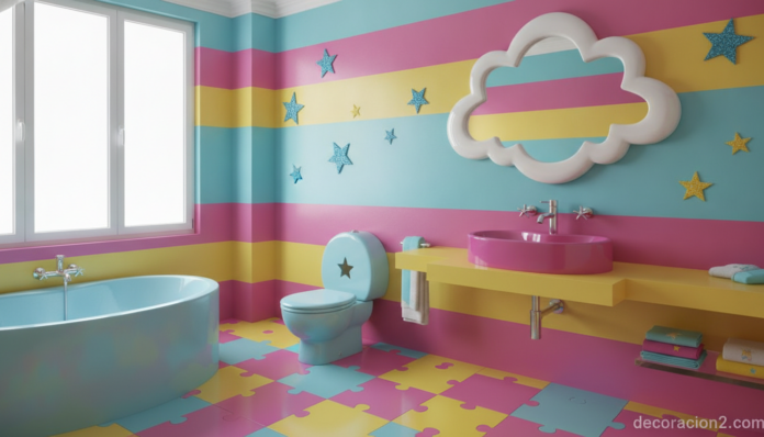 Baño infantil colorido con formas de nubes y corazones estilo Agatha Ruiz de la Prada