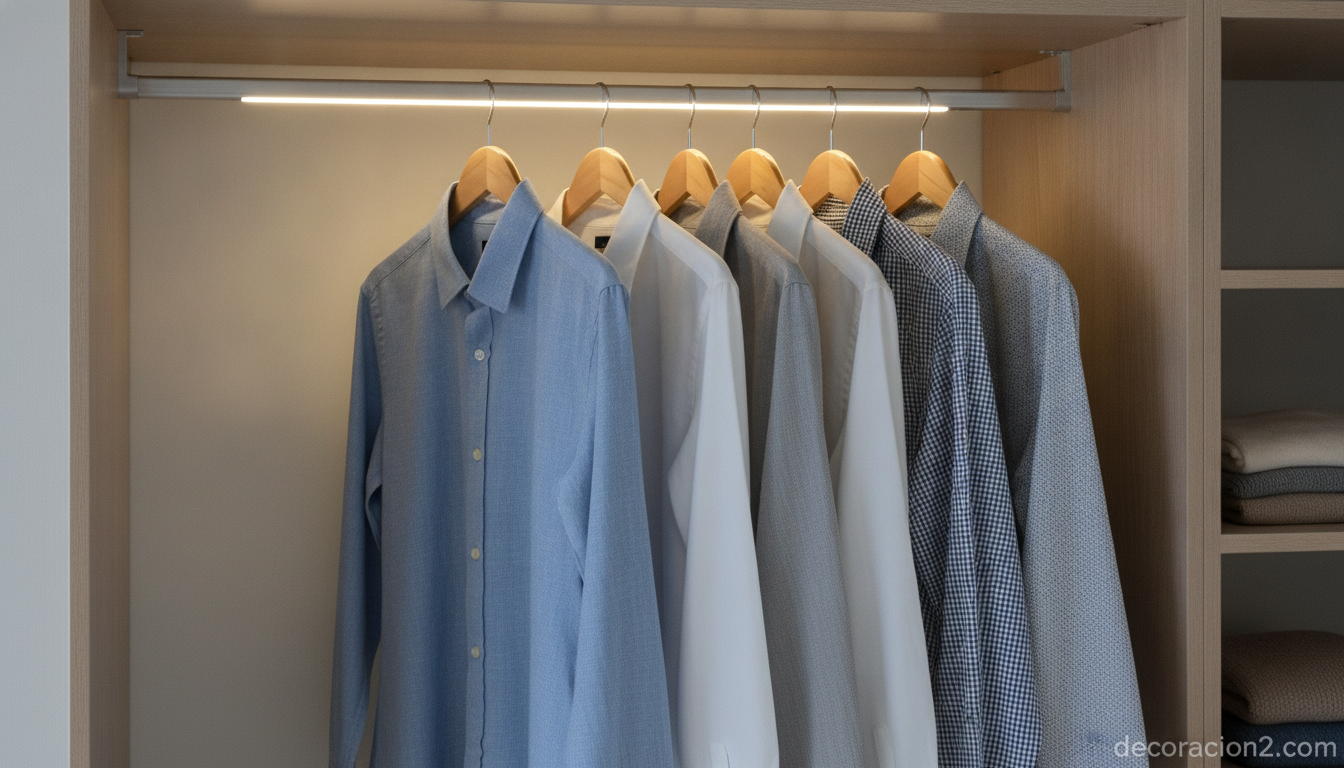 Iluminación LED para armarios: ver mejor tu ropa cada mañana 5 Barra de perchas con luz LED integrada iluminando la ropa colgada al abrir el armario