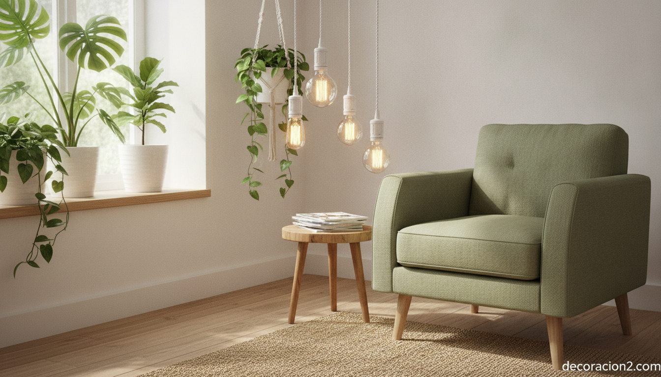 Bombillas LED de bajo consumo junto a una planta en un ambiente de decoración sostenible