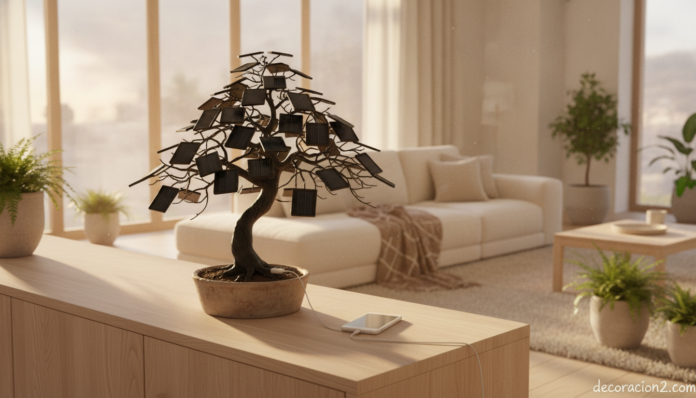Bonsái solar decorativo cargando un móvil junto a la ventana del salón