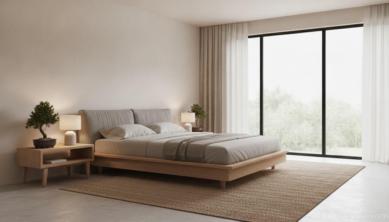 Cama Loto: minimalismo oriental para un dormitorio sereno 2 Dormitorio de estilo japandi con cama baja y cabecero tapizado