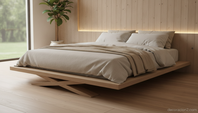 Dormitorio minimalista oriental con cama Loto baja de madera