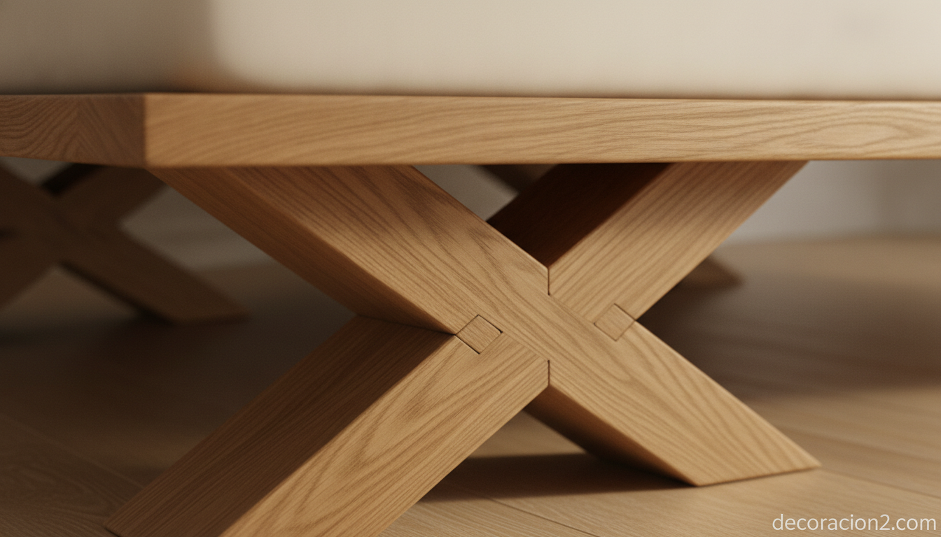 Cama Loto: minimalismo oriental para un dormitorio sereno 1 Detalle de la estructura de madera en forma de X de la cama Loto