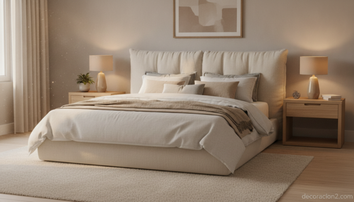 Dormitorio acogedor con cama tapizada y cabecero de tejido en tonos neutros