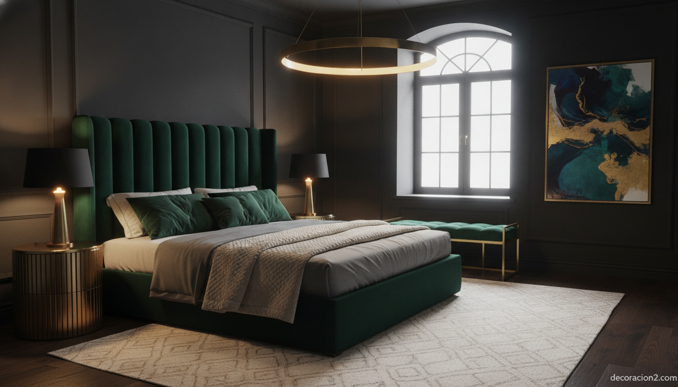 Cama tapizada en terciopelo verde en un dormitorio de estilo clásico contemporáneo