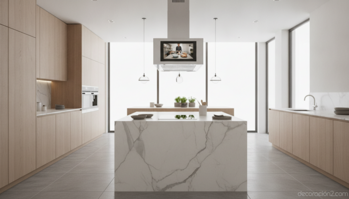 Cocina moderna con campana extractora de acero inoxidable y televisión integrada