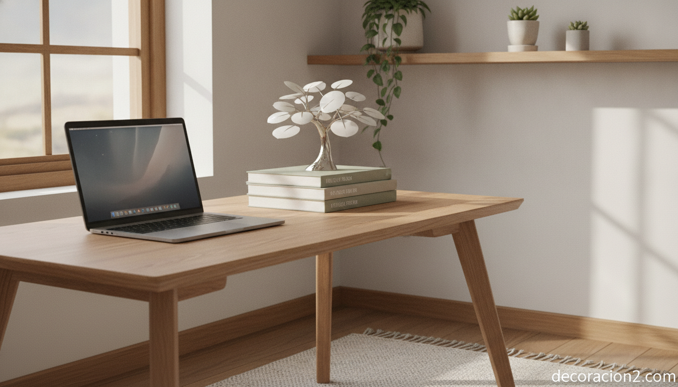 Cargador solar decorativo con forma de árbol en un escritorio de estilo nórdico
