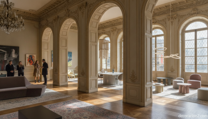 Interior de un edificio histórico con espacios decorados para una muestra de interiorismo