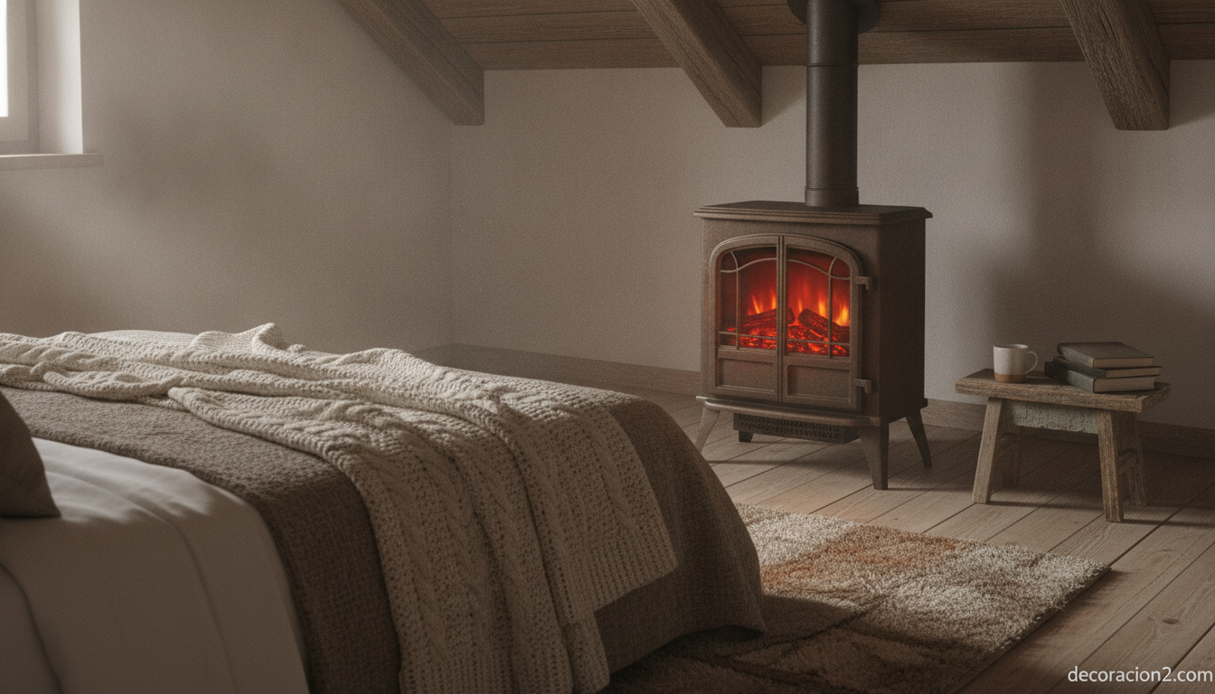 Chimenea eléctrica tipo estufa rústica en un dormitorio acogedor