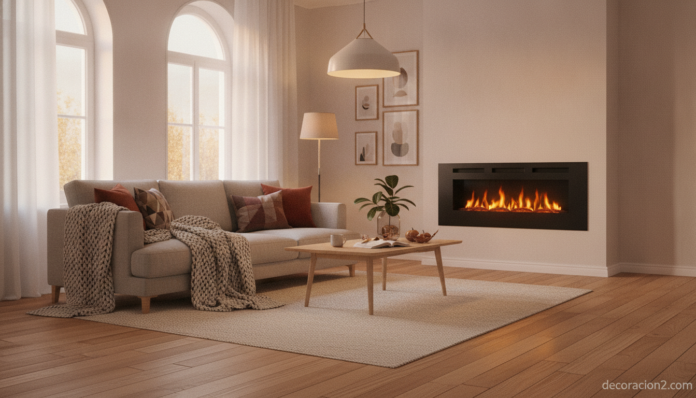 Salón acogedor en otoño con una chimenea eléctrica de pared encendida