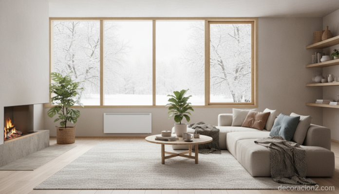 Salón moderno con climatización ecológica y emisor termoeléctrico eficiente
