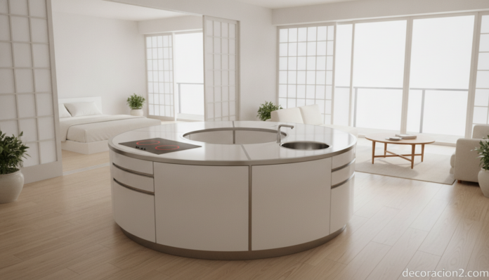 Cocina compacta circular Isola S en un apartamento pequeño y moderno