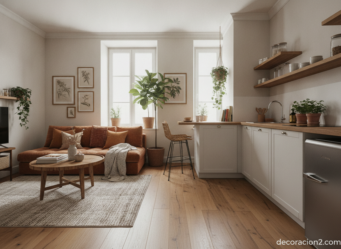 Cocina compacta integrada en el salón de un estudio pequeño