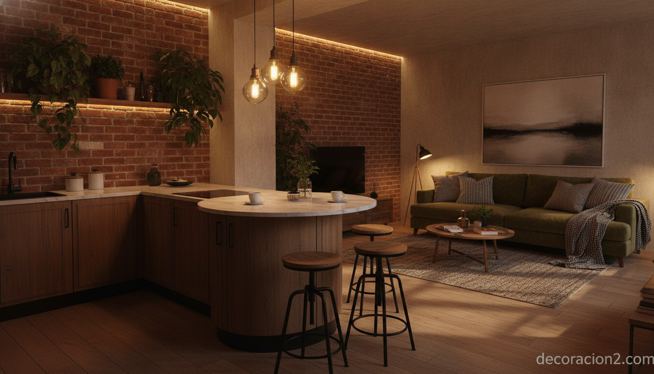 Cocina compacta integrada en un loft de planta abierta junto al salón
