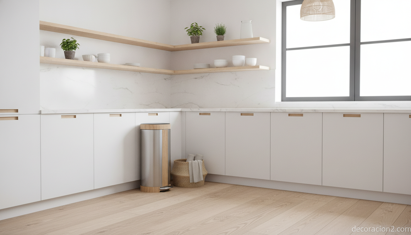 Cocina moderna con cubo de reciclaje de diseño integrado en la decoración