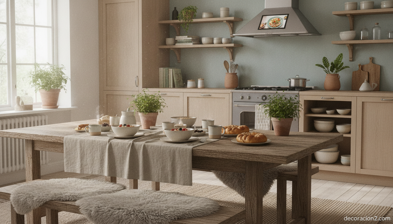 Cocina de office con isla donde se ve la televisión de la campana desde la mesa