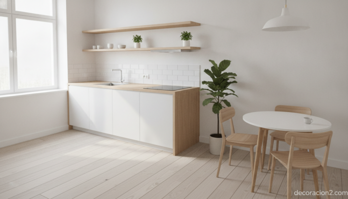 Cocina portátil compacta sobre encimera en una cocina pequeña y luminosa