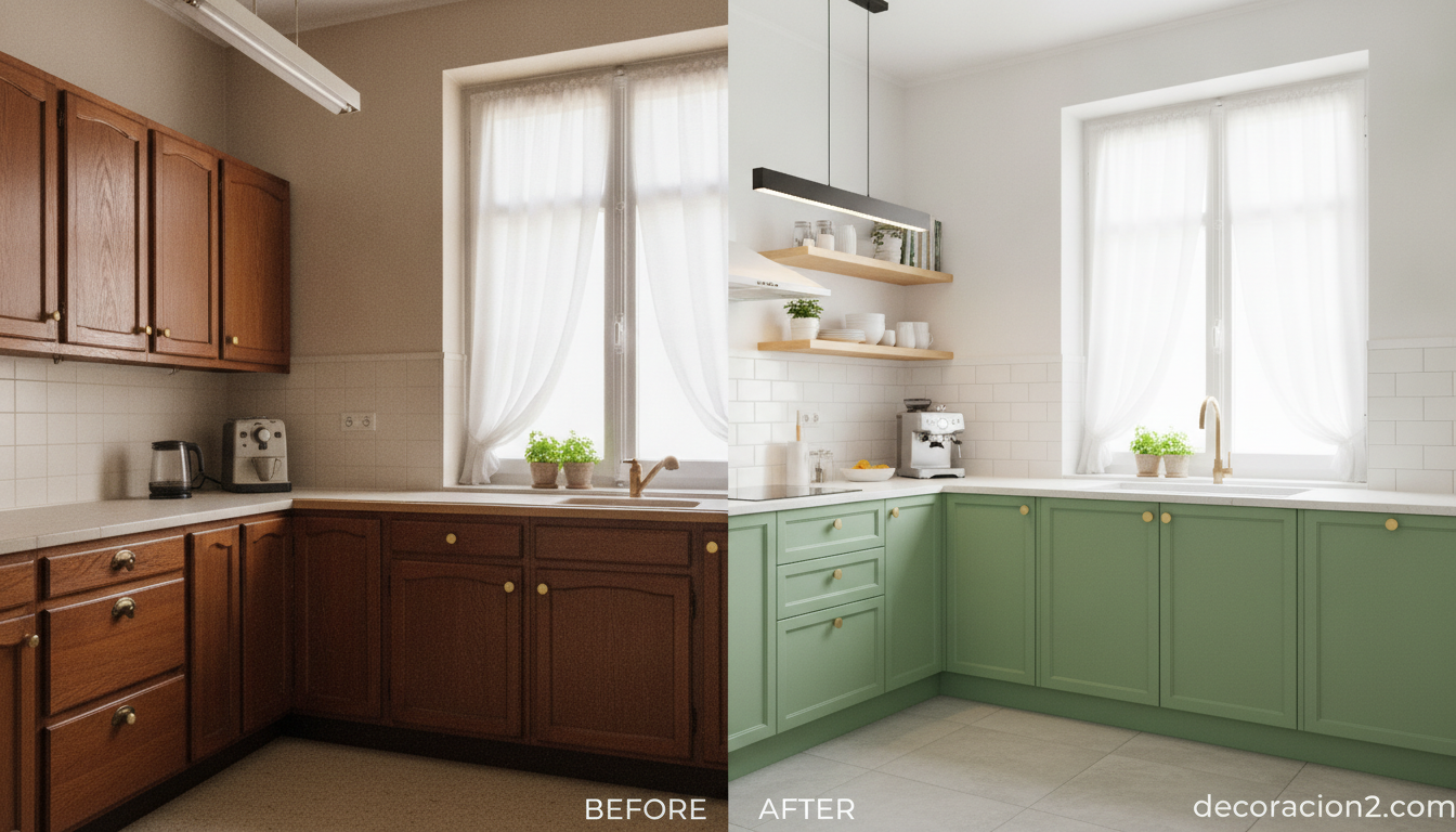Cocina renovada con bricolaje económico y detalles decorativos modernos