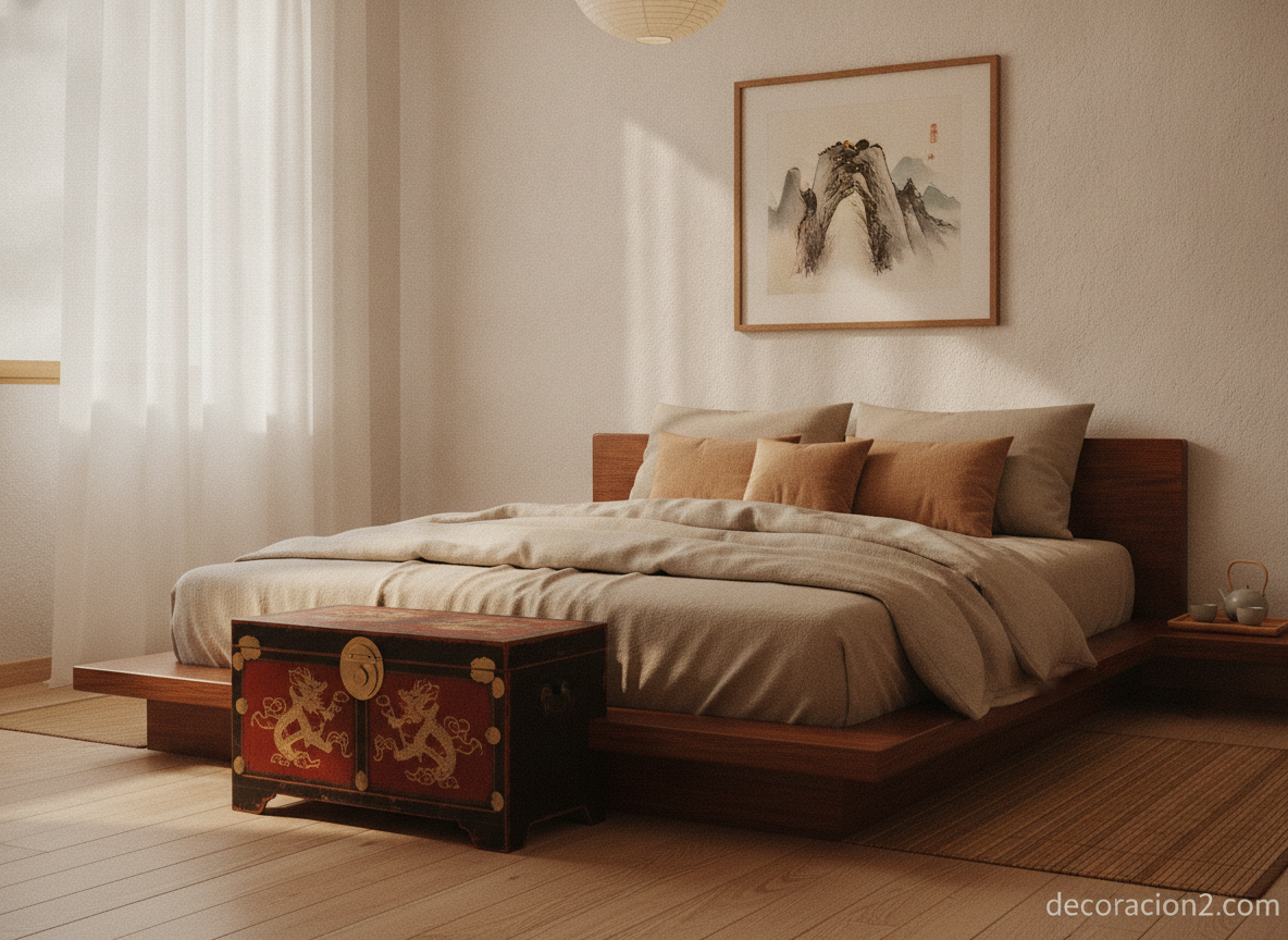 Cofre oriental colocado a los pies de la cama en un dormitorio neutro