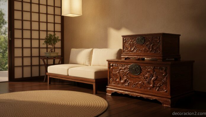 Conjunto de cofres decorativos de estilo oriental en un salón minimalista