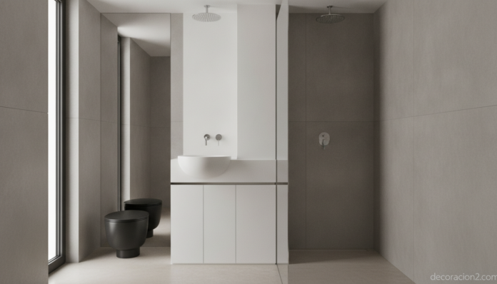 A sleek all-in-one monobloc bathroom column integrating sink, shower and storage in a single vertical structure, placed in... Columna de baño todo en uno en un baño pequeño y moderno