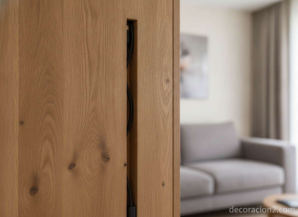 Televisor pequeño para el salón: guía para elegirlo e integrarlo en la decoración 1 Detalle de una columna de televisión de madera con paso de cables oculto