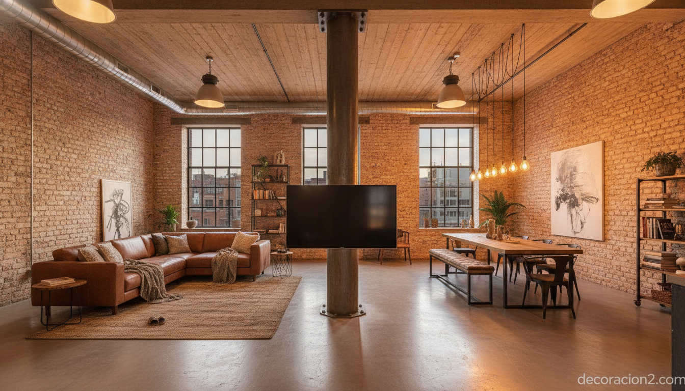 Mueble de salón en columna: la solución vertical para salones pequeños 2 Columna giratoria de televisión en un loft de estilo industrial