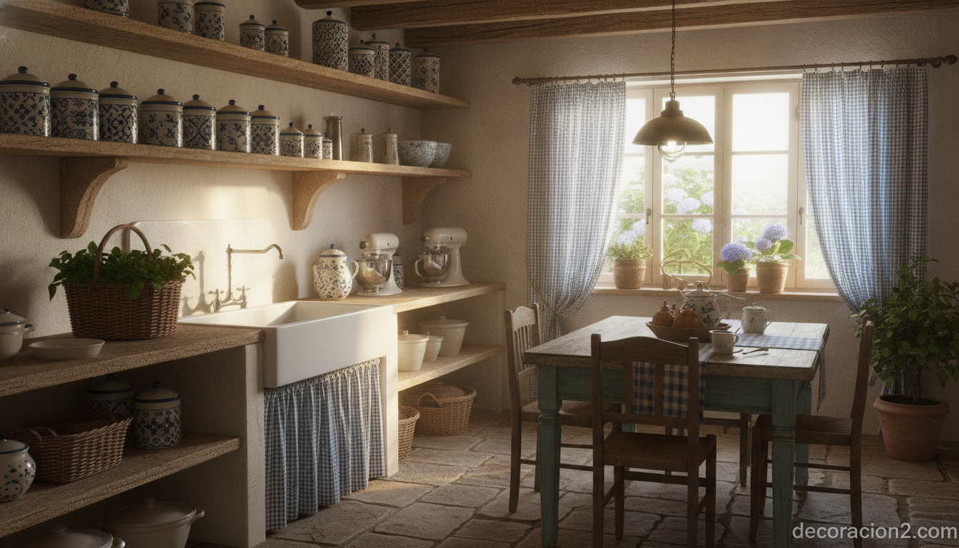 Cocina de estilo campestre con cortinas cortas de cuadros vichy