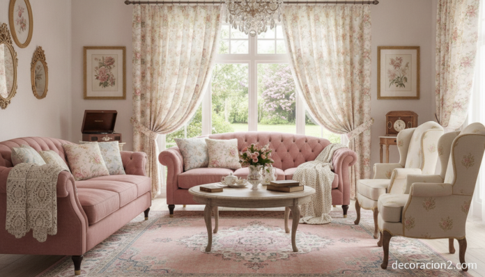 Salón de estilo vintage con cortinas de algodón floral junto a la ventana