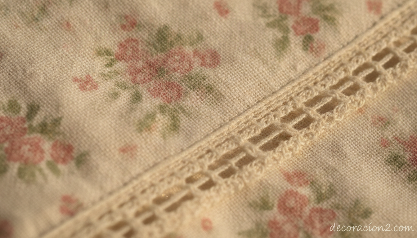 Detalle del tejido de algodón vintage con estampado floral y encaje