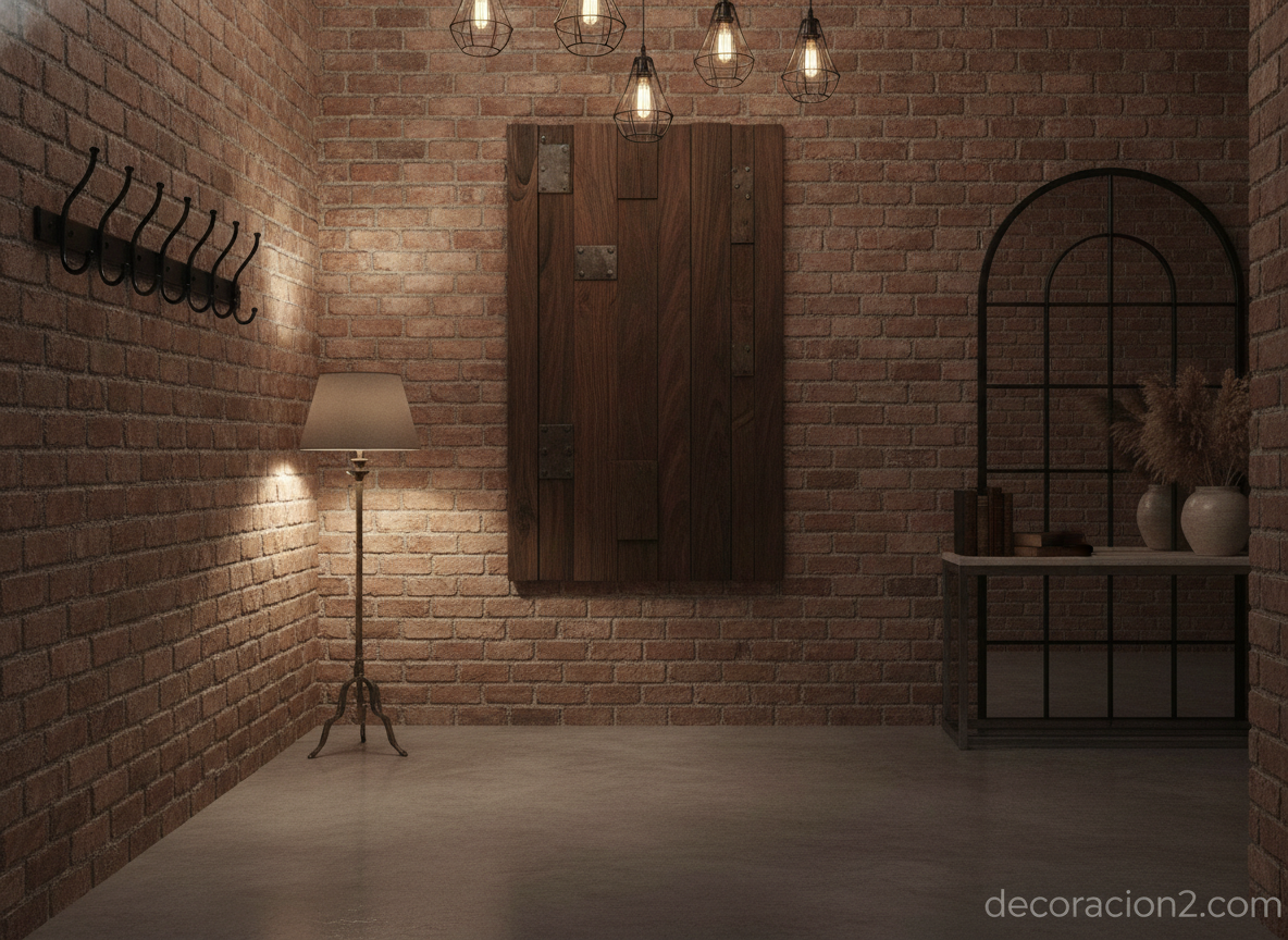 Cuadros de madera para pared: guía completa de tipos e ideas de decoración 2 Cuadro de madera oscura en un recibidor de estilo rústico industrial