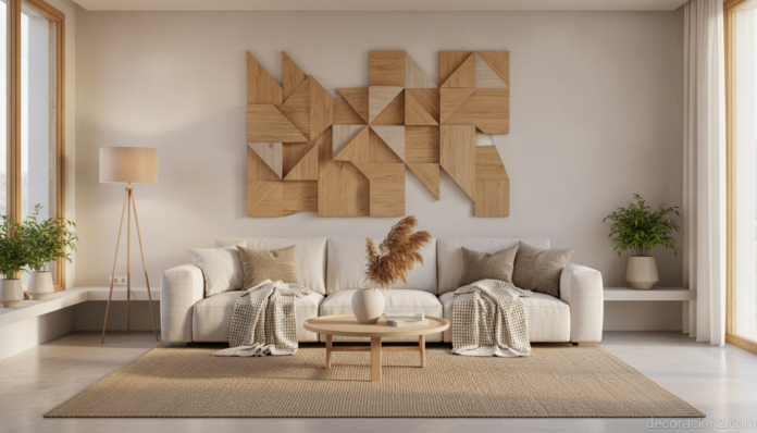 A modern living room wall decorated with a geometric composition of natural wood panel art pieces, warm Scandinavian inter... Cuadros de madera decorando la pared de un salón de estilo nórdico