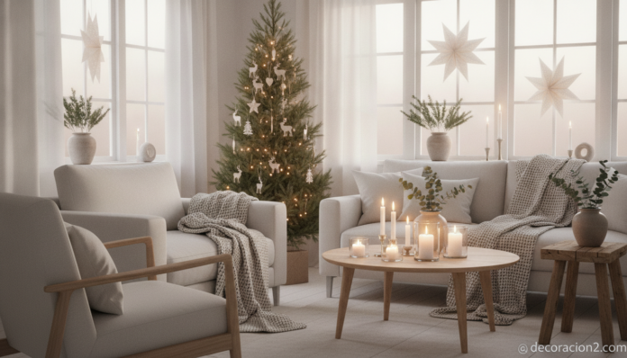 Salón de estilo nórdico con decoración navideña en tonos neutros y luz cálida