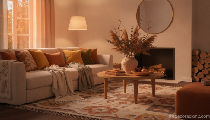 Salón con decoración de otoño-invierno en tonos cálidos y dorados