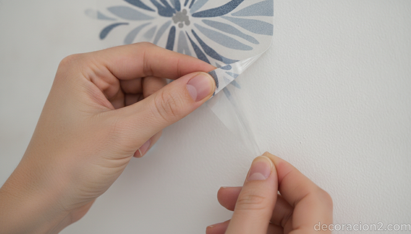 Vinilos decorativos Plage: diseños franceses reutilizables para tus paredes 4 Detalle de manos despegando un vinilo decorativo reutilizable de la pared