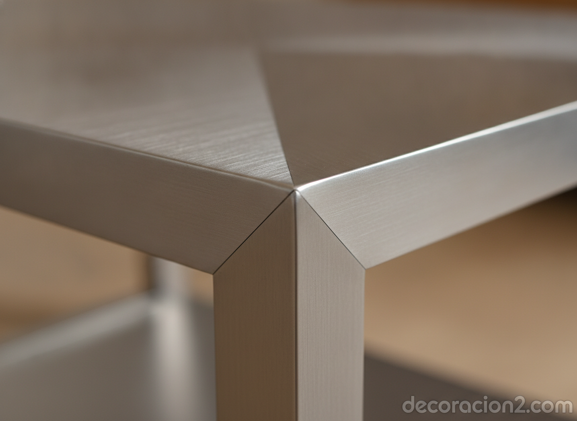 Detalle del acabado en aluminio de una mesa de centro triangular