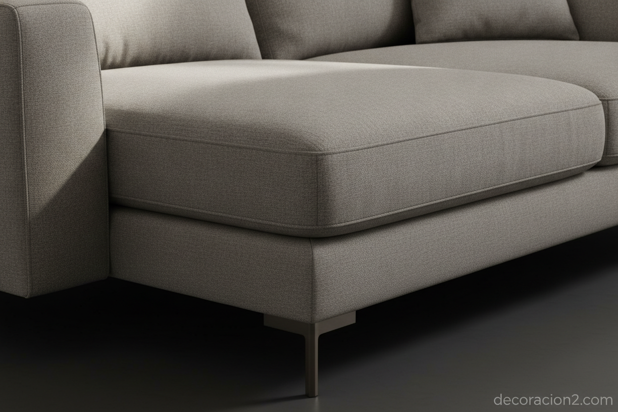 Detalle del módulo chaise longue y la costura de la tapicería del sofá