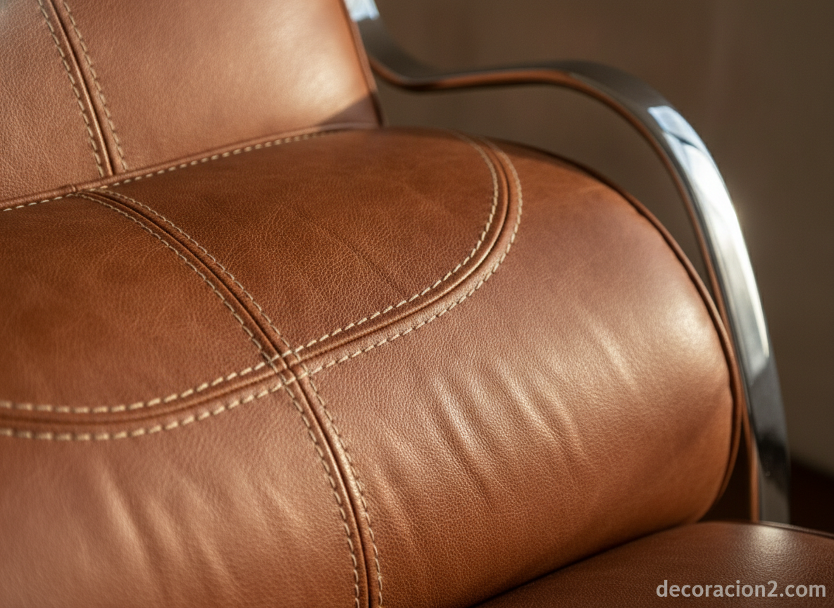 Detalle del tapizado de cuero y la estructura cromálada del sillón Bali