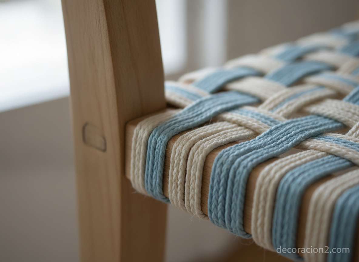 Silla String Chair: el diseño de madera y nylon que parece arriesgado y no lo es 1 Detalle del entramado de hilos de nylon de la silla de diseño String Chair