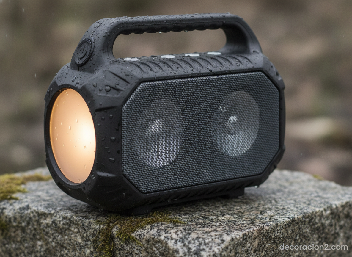 Detalle de lámpara portátil con altavoz Bluetooth resistente al agua