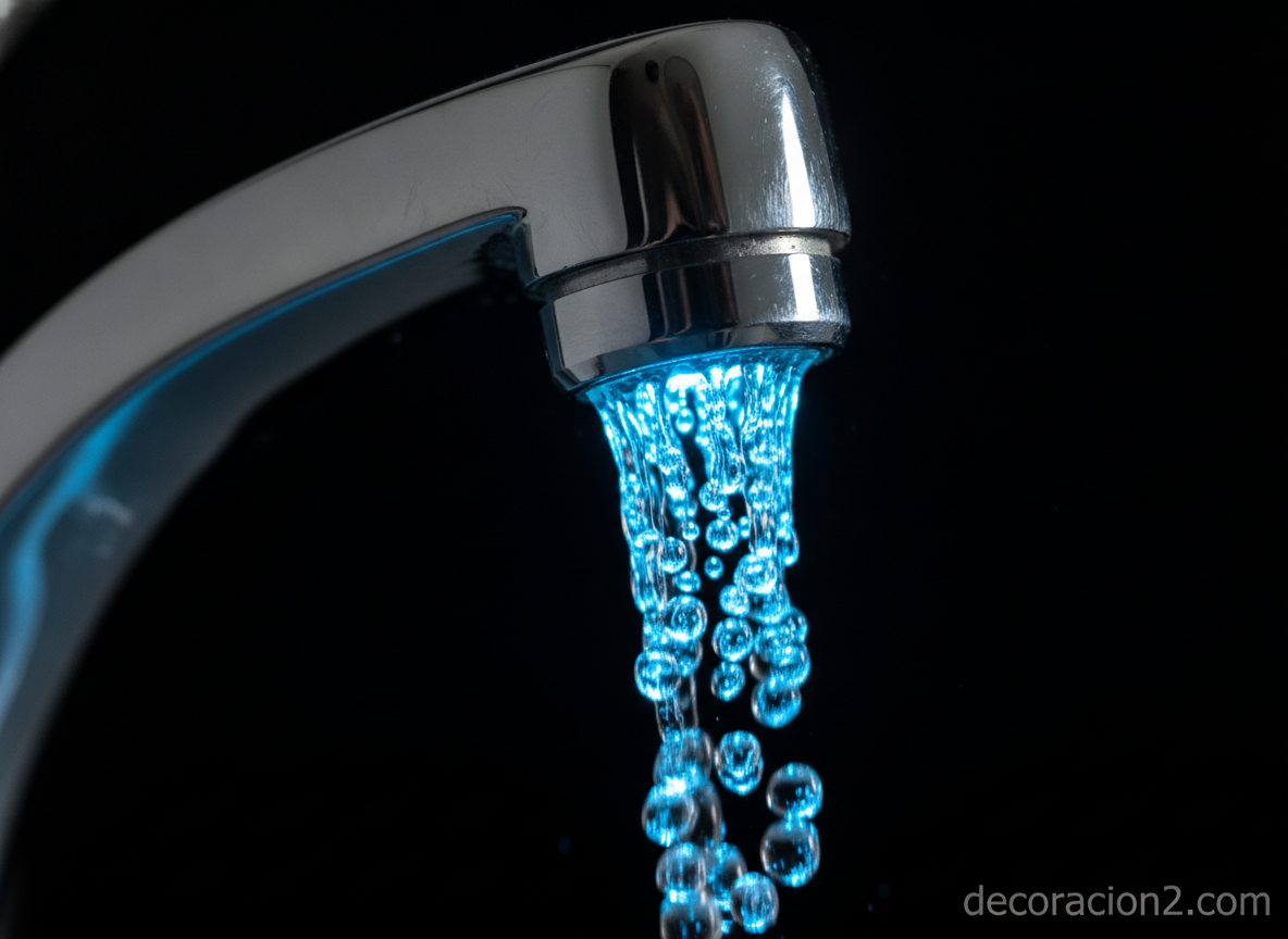Detalle del caño del grifo con luz LED azul indicando agua fría