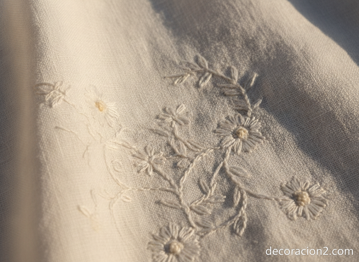 Textiles orgánicos para el hogar: la colección sostenible de Looolo 3 Detalle de tejido de lino blanco con bordado floral hecho a mano