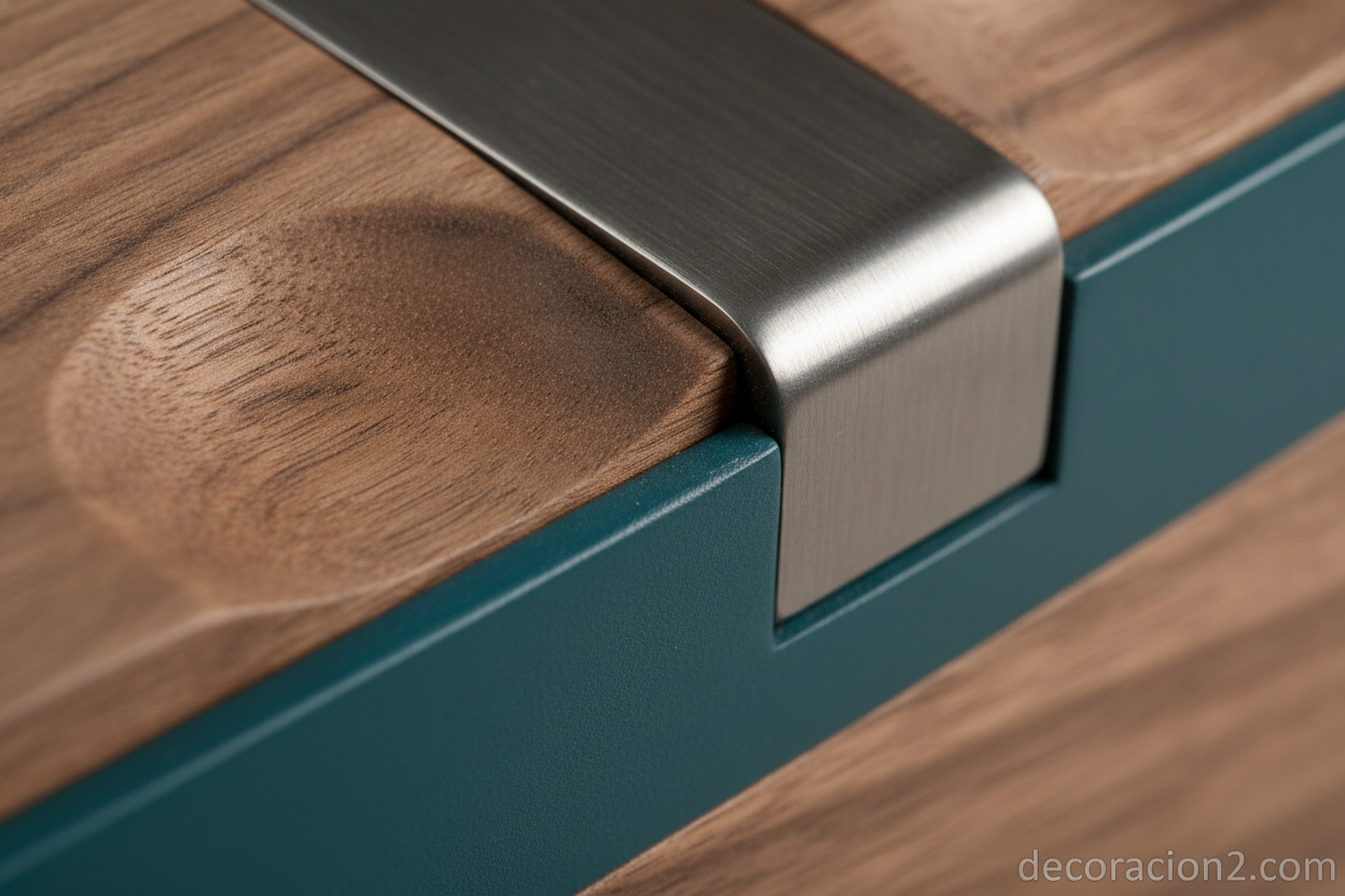 Detalle de veta de madera de nogal con acabado de color y unión de acero