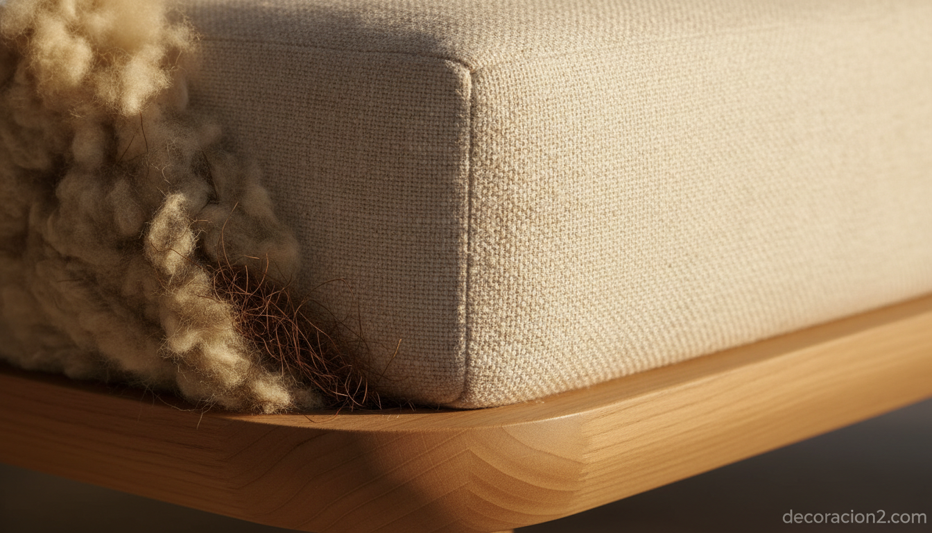 Detalle de la tapicería de algodón y estructura de madera de un sofá sostenible