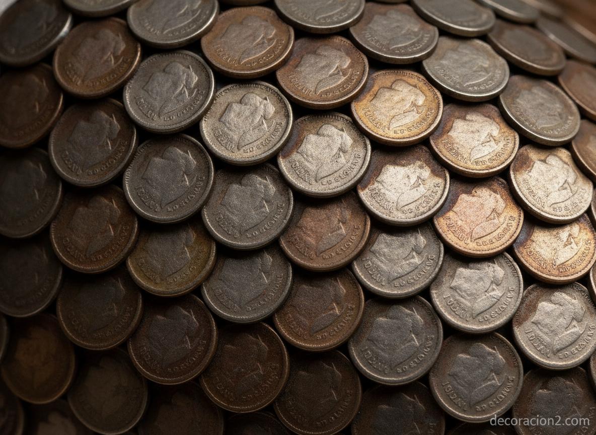 Detalle de las monedas de níquel soldadas una a una en el mueble