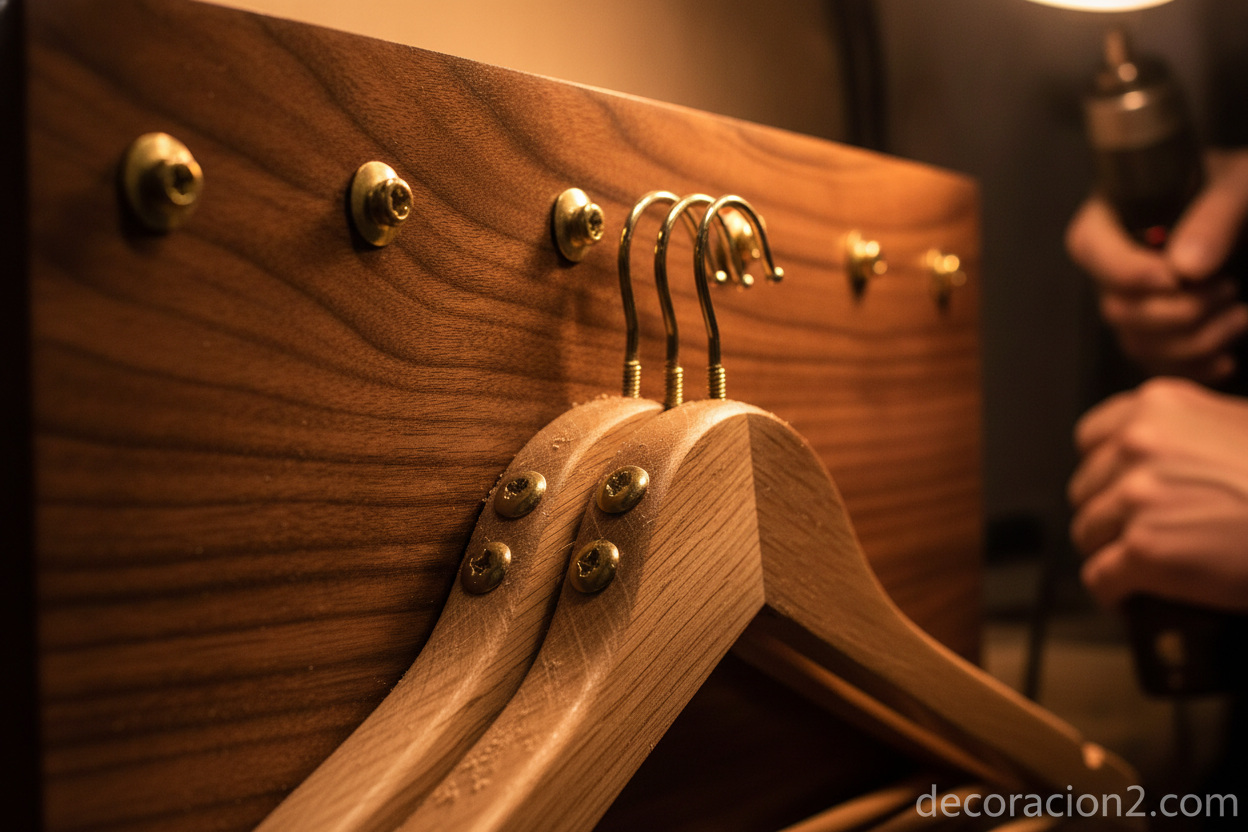 Detalle de perchas de madera atornilladas a una tabla barnizada
