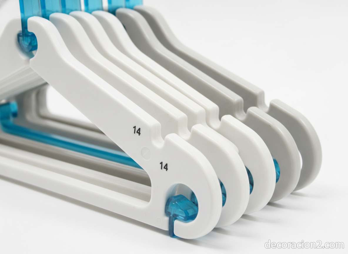Perchas Dino: cómo organizar el armario con un sistema modular 3 Detalle de perchas modulares de distintos tamaños con numeración